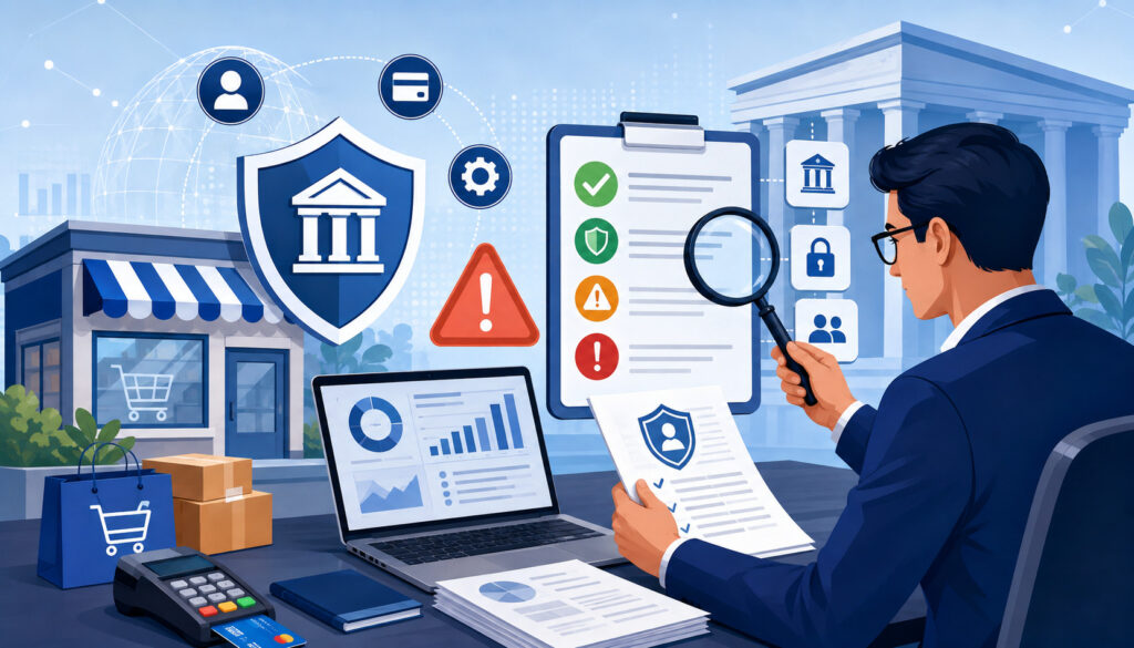 Bank analyst reviewing high-risk merchant account and payment risk indicators