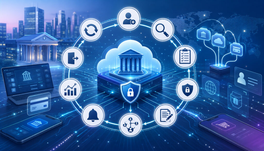 Third-party risk management lifecycle in Banking-as-a-Service with security, compliance, monitoring, and vendor management icons