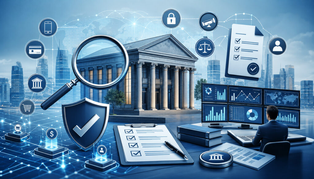 Sponsor bank oversight with compliance monitoring, audit icons, and fintech payment security